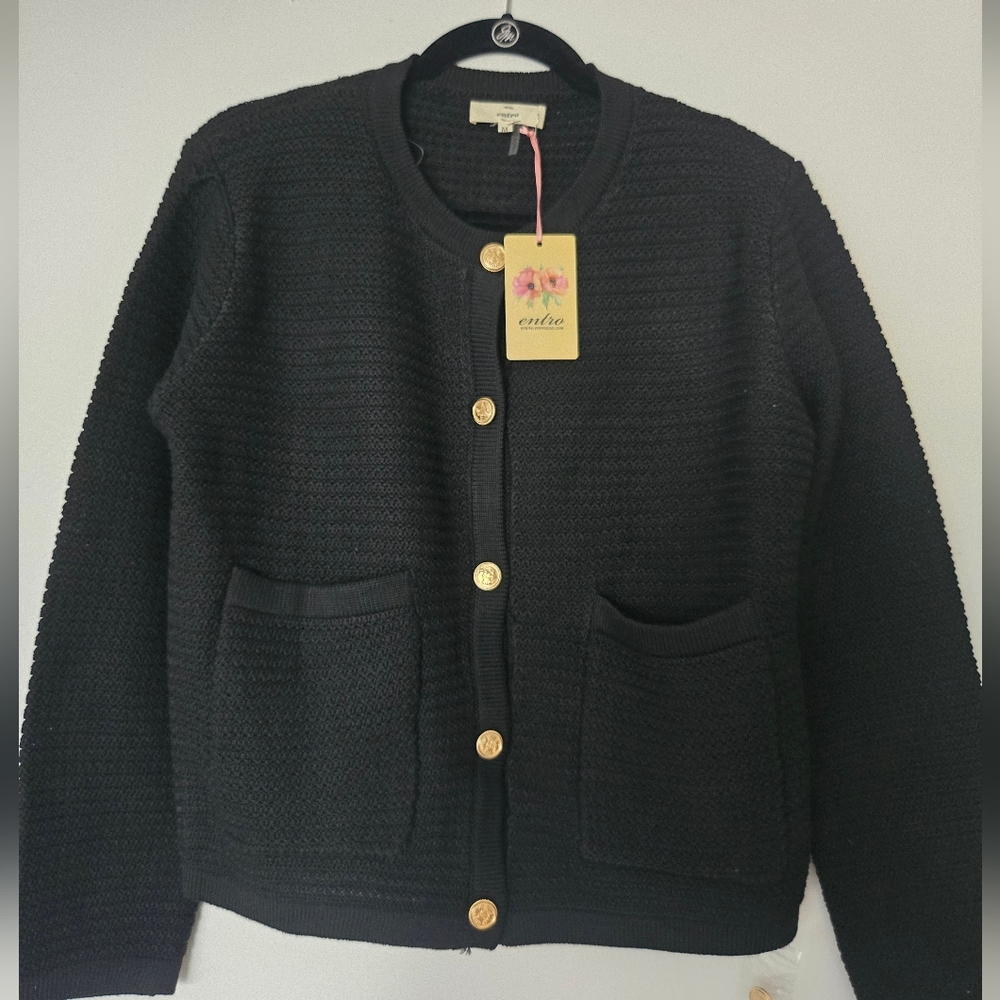 Entro Women's Black Textured Sweater With Gold Buttons NWT